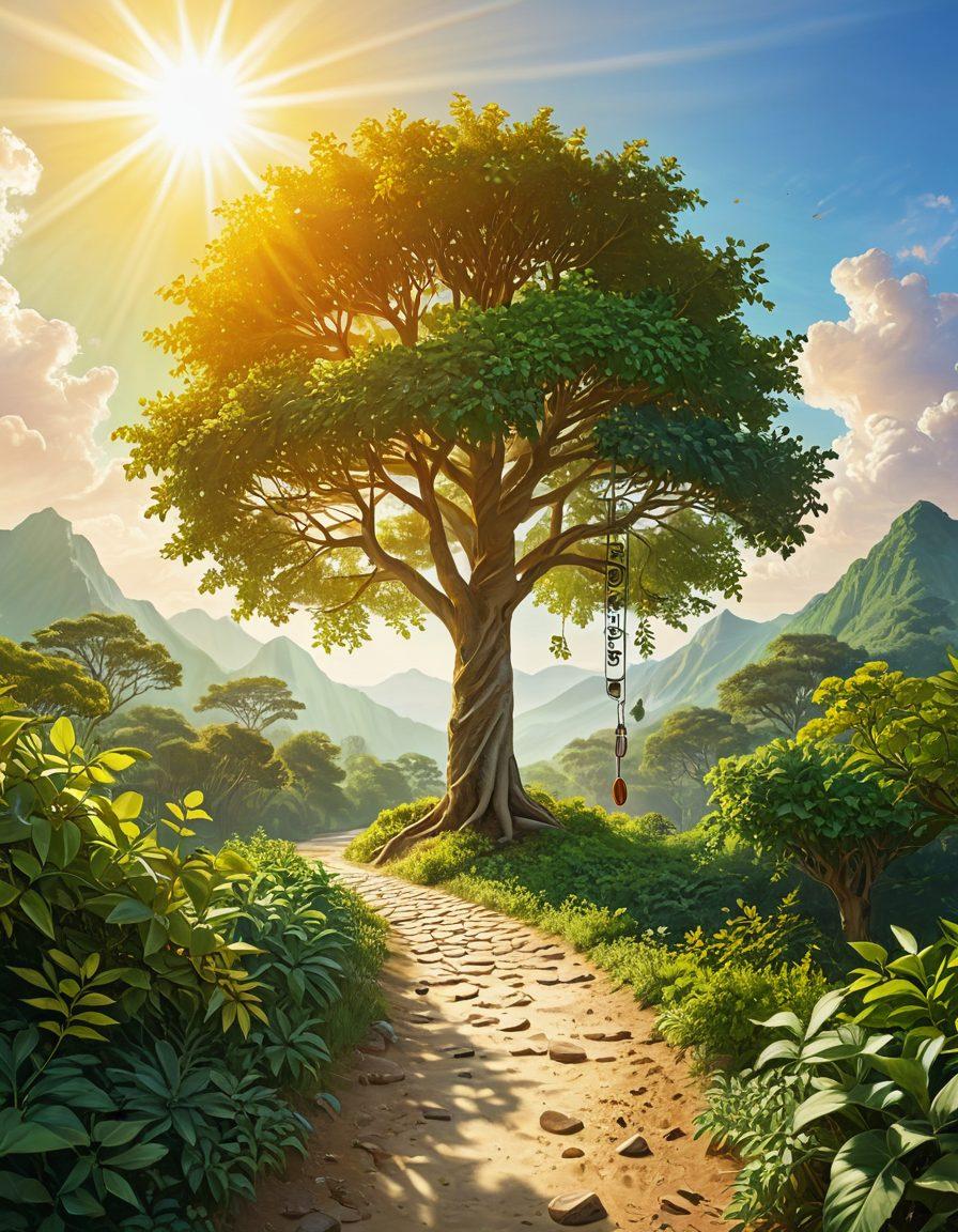 A serene landscape with a winding path representing the journey to financial freedom, flanked by symbolic elements like a flourishing money tree and flying breaking chains, representing debt-free living. In the background, a bright sun rises, symbolizing hope and sustainable money management. digital painting. vibrant colors. white background.