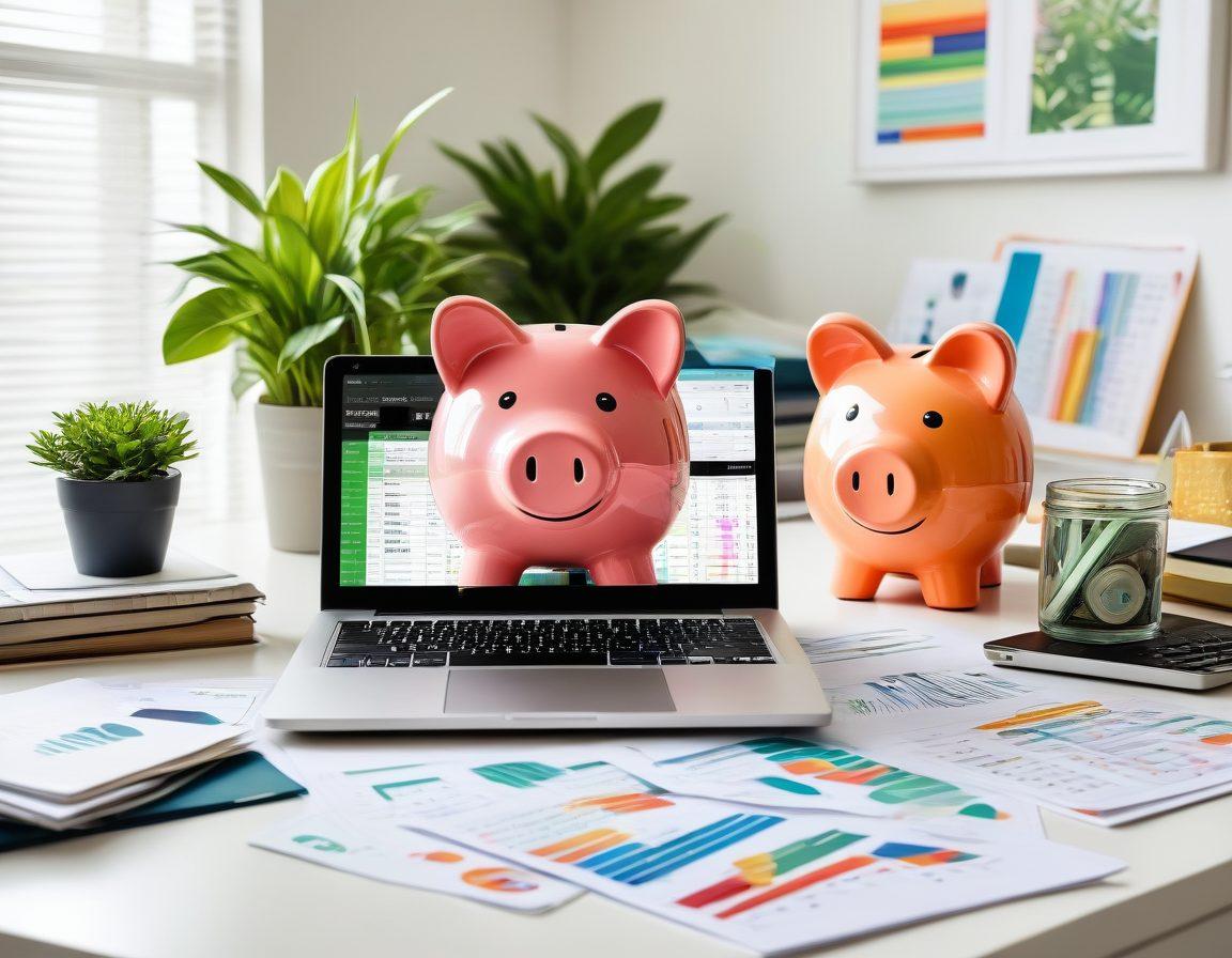A modern family sitting at a table with stacks of organized money, financial documents, and a laptop showing graphs and charts; background features a calendar and a large piggy bank symbolizing savings. The room is bright, filled with natural light, and has plants indicating growth. Vector art. vibrant colors. white background.