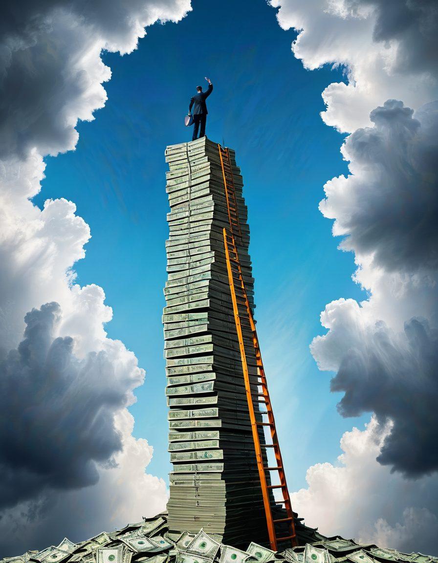 A person triumphantly climbing a ladder made of money stacks, ascending from a stormy background symbolizing debt to a bright, clear sky representing financial freedom. Alongside the path, guideposts labeled with financial strategies. Vector art. vibrant colors. white background.